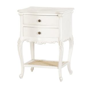 French Antique White Provencale Bedside Table with Rattan Shelf