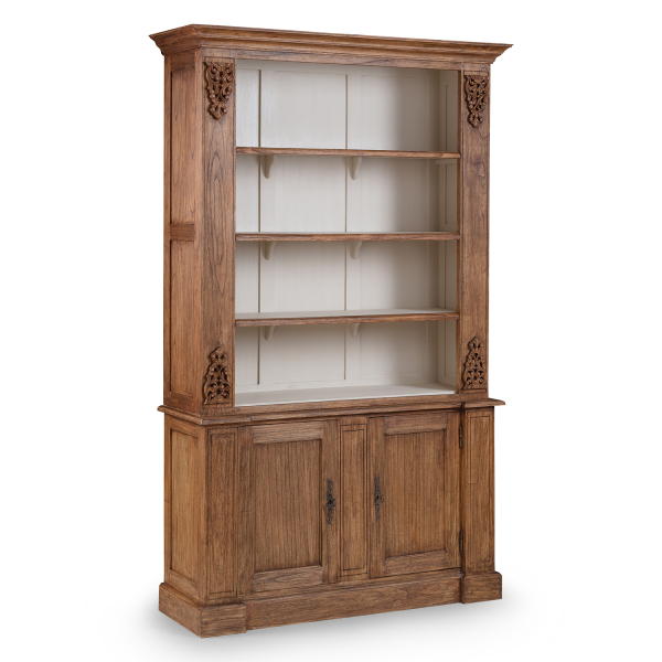 Louis French Large Bookcase / Display Cabinet - finished in Old Wood outside & Champagne Inside