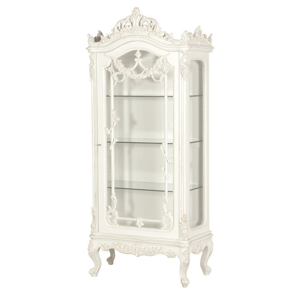 Antique White Provencale French Heavy Carved Display Cabinet